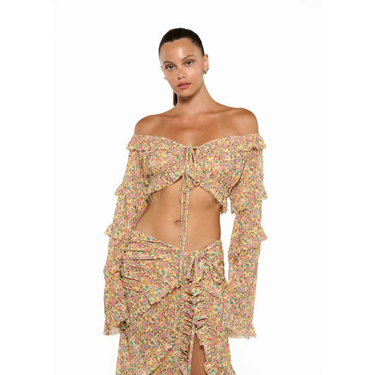 Floral Chiffon Beach Cover-Up Set - Long Sleeve Maxi Skirt