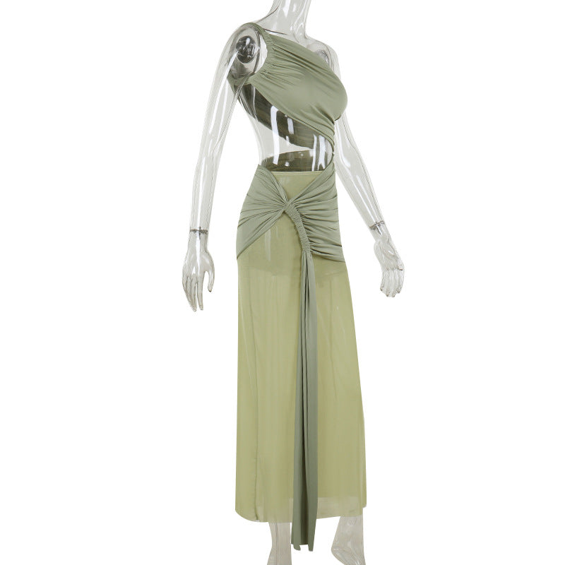 Sexy One-Shoulder Mesh Ribbon Maxi Dress – Asymmetric Ruched Design
