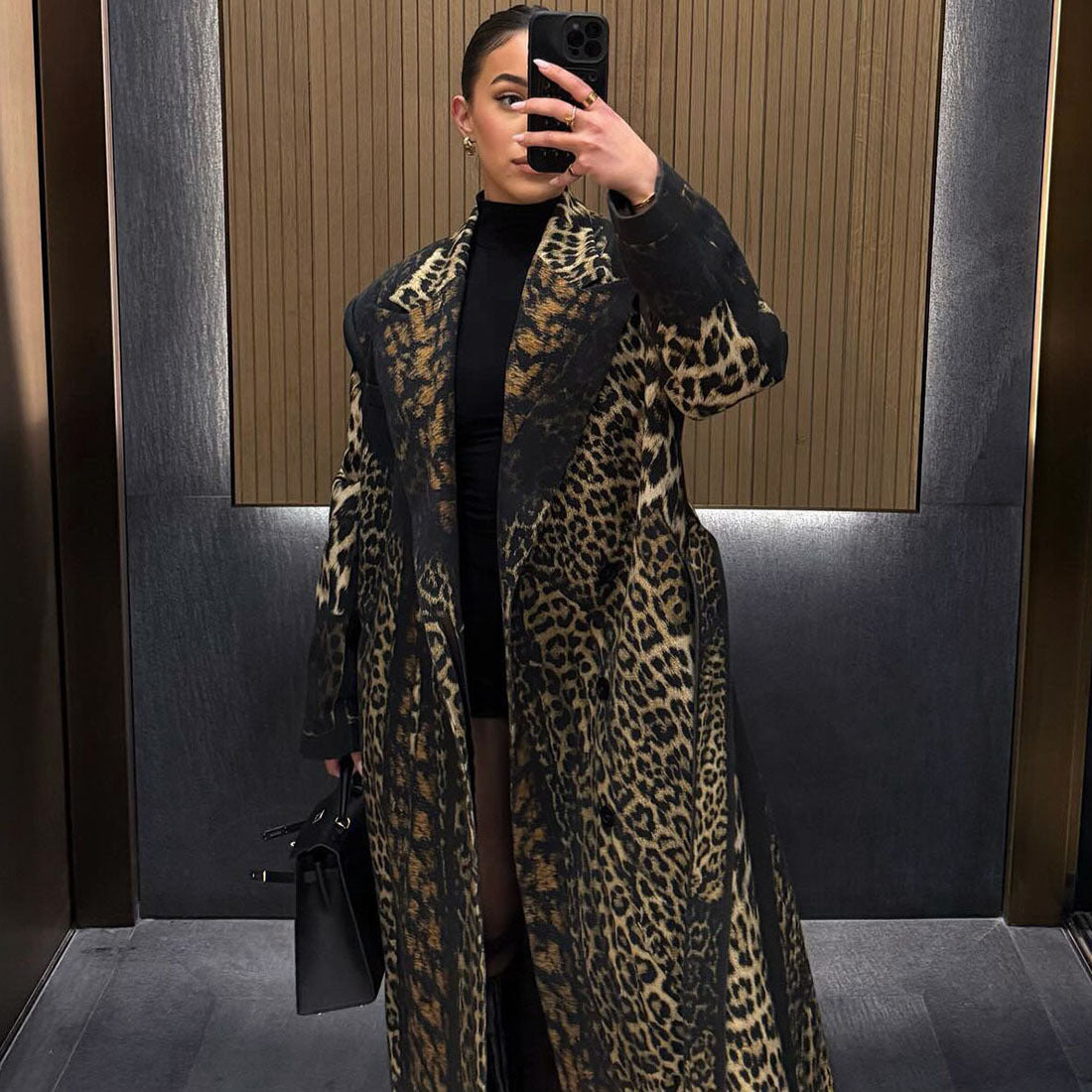 Women’s Leopard Print Belted Trench Coat – Casual Extra-Long Animal Print Coat