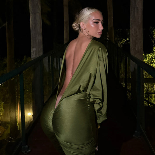 Women’s Solid Color Long Sleeve Maxi Dress – Backless Bodycon Casual Dress with Ruched Detail