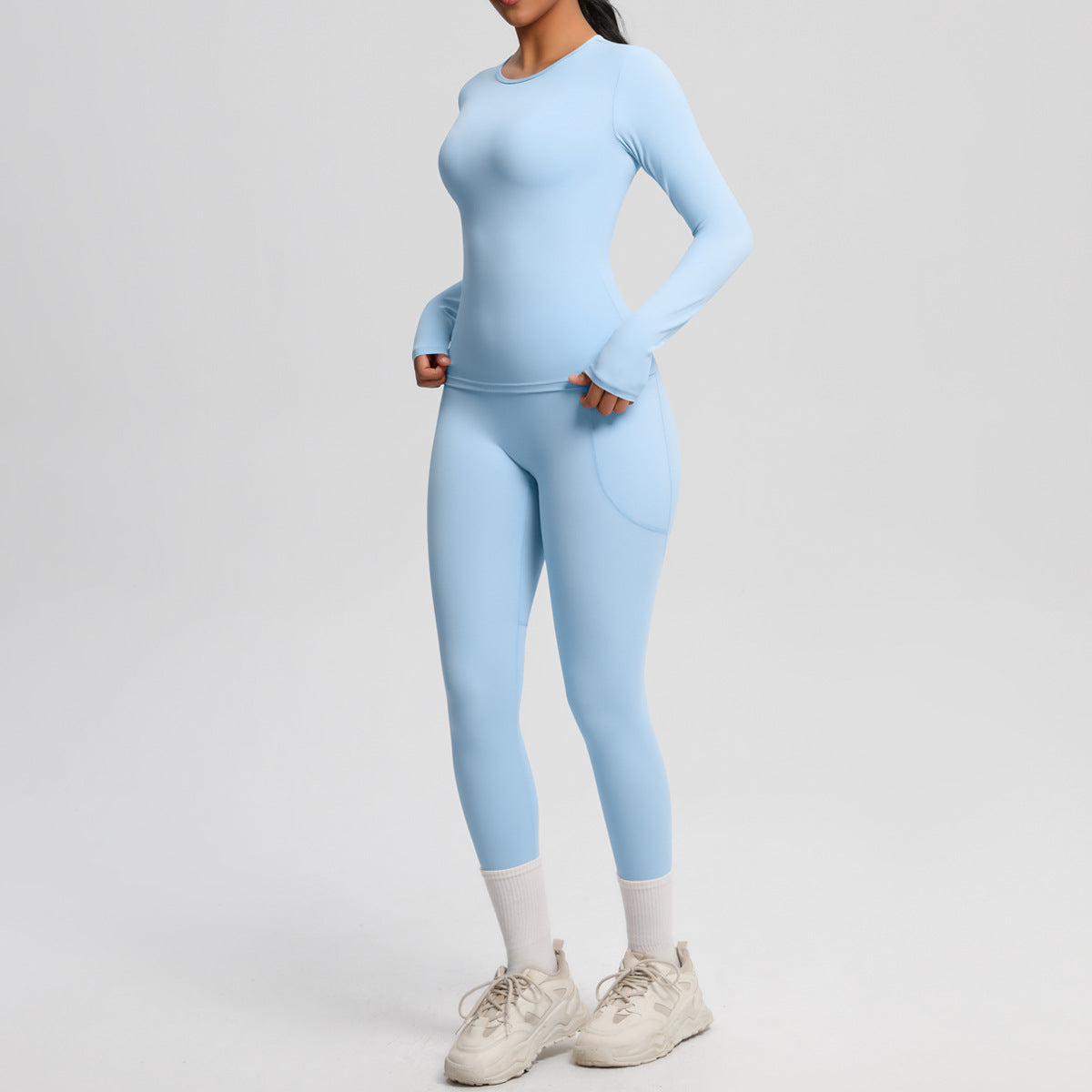 Sanding Solid Color Tight Training Long Sleeve Pocket Yoga Clothes Set Sports Running Fitness Two Piece Set