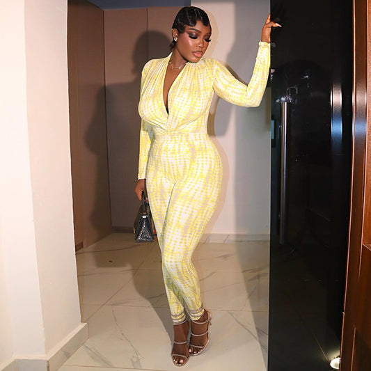 Women’s Yellow & White Printed Pleated Jumpsuit – Slim Fit V-Neck Long Sleeve, Full Length