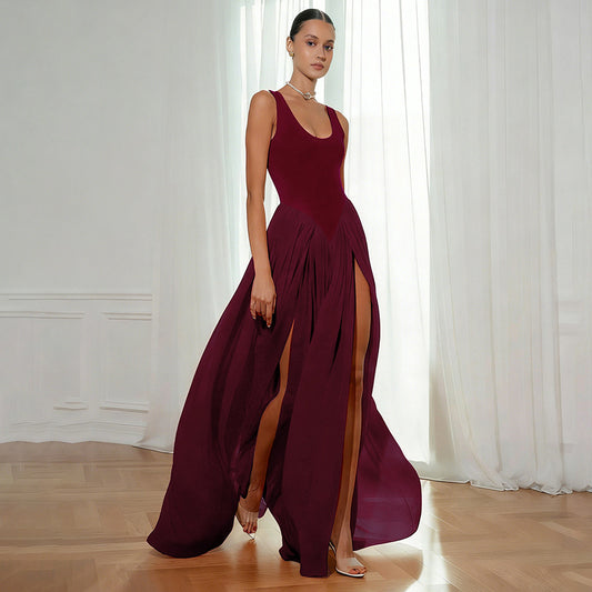 Wine Red Ruched Maxi Dress - Sleeveless Side Split A-Line Dress
