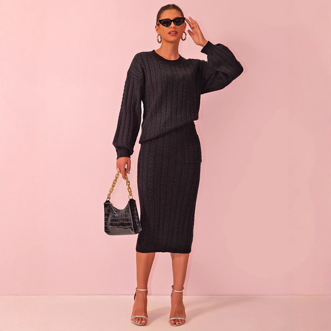 Women’s Twist Stitch Sweater and Midi Skirt Set – Long Sleeve Crew Neck Sweater with Pockets