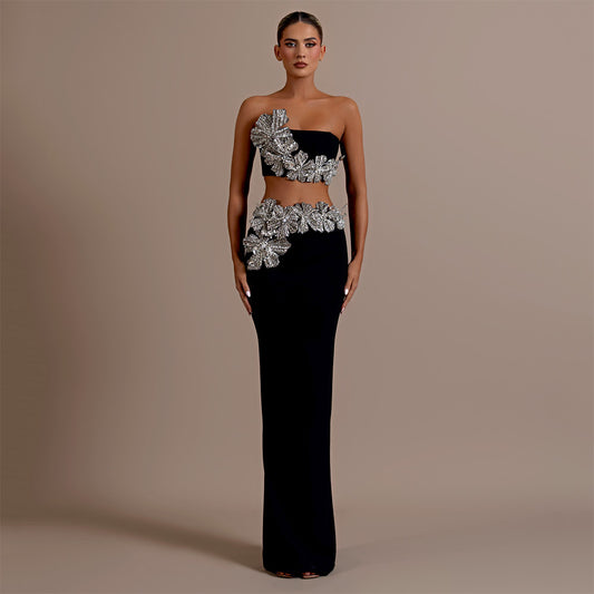 Floral Rhinestone Bandage Two Piece Set: Sexy Tube Top & High-Waist Long Skirt