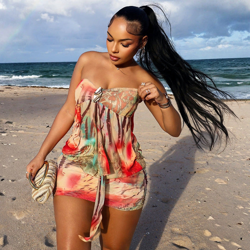 Sweetheart Ruched Bodycon Mini Dress - Sleeveless Abstract Print Vacation Dress