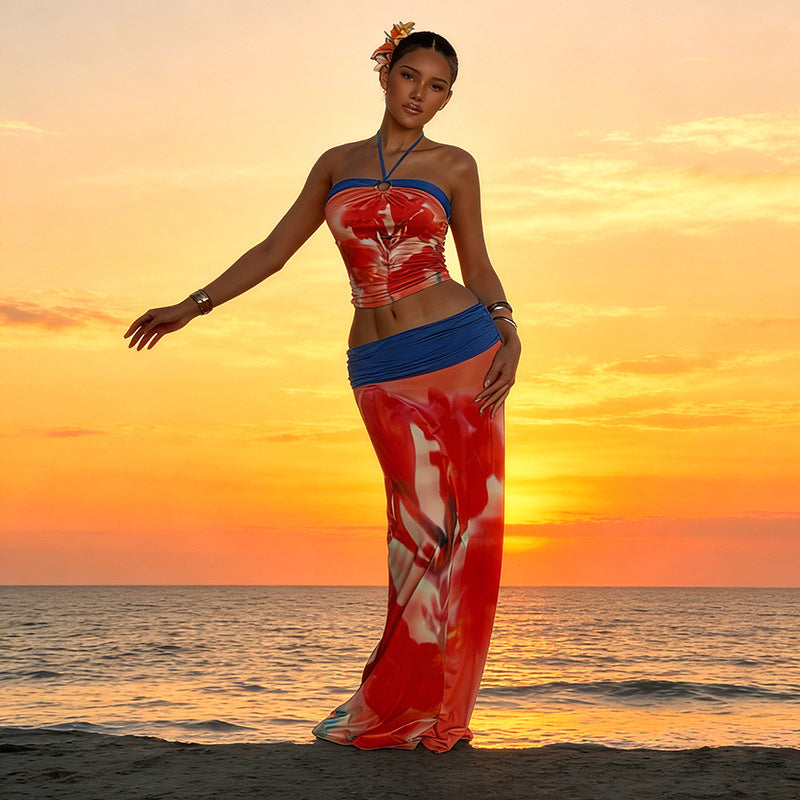 Red Floral Halter Crop Top & Maxi Skirt Set - Color Block Ring Tie 2-Piece Set