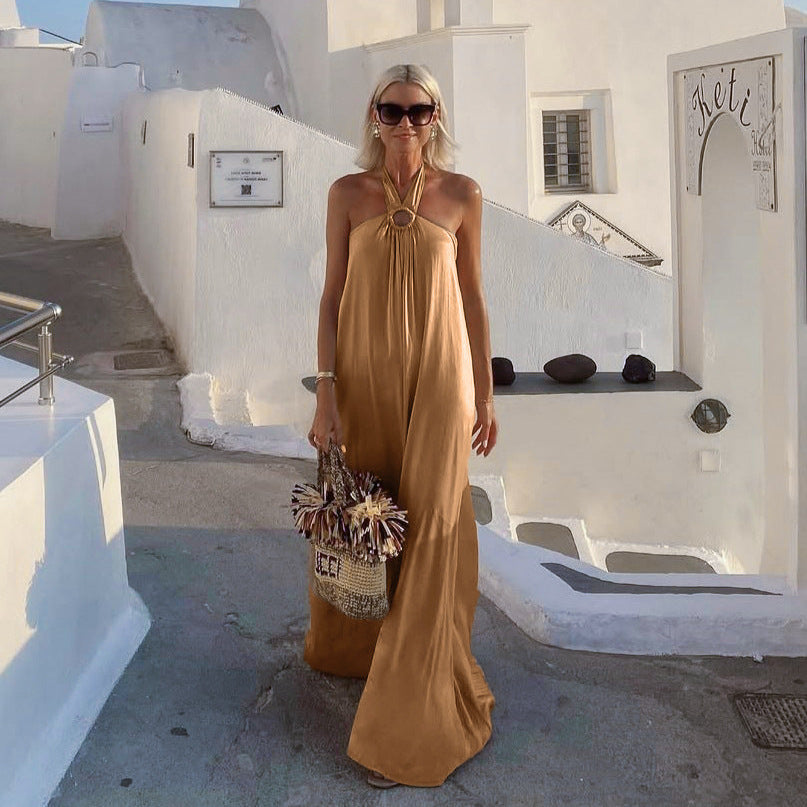 Khaki Halter Lace-Up Backless A-Line Maxi Dress | Sleeveless Ring Detail Elegant Dress | Sizes S-L