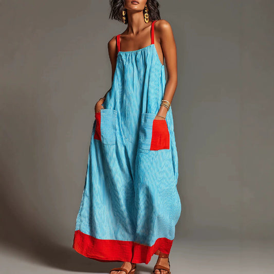 Women's Striped Maxi Dress – Boho Spaghetti Strap A-Line Vacation Dress