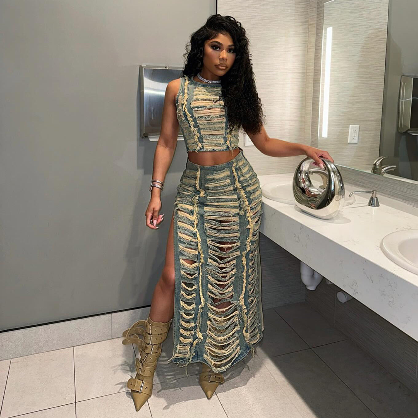 Women's Denim Two-Piece Set – High Slit Skirt & Vest