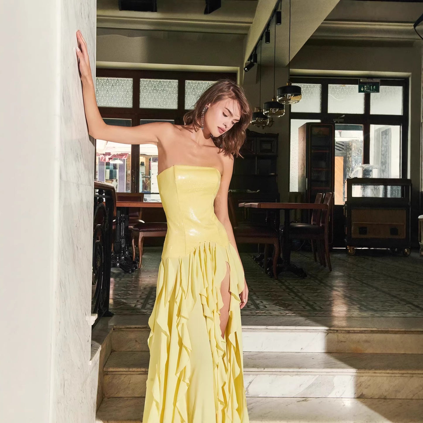 Golden Radiance Strapless Maxi Dress