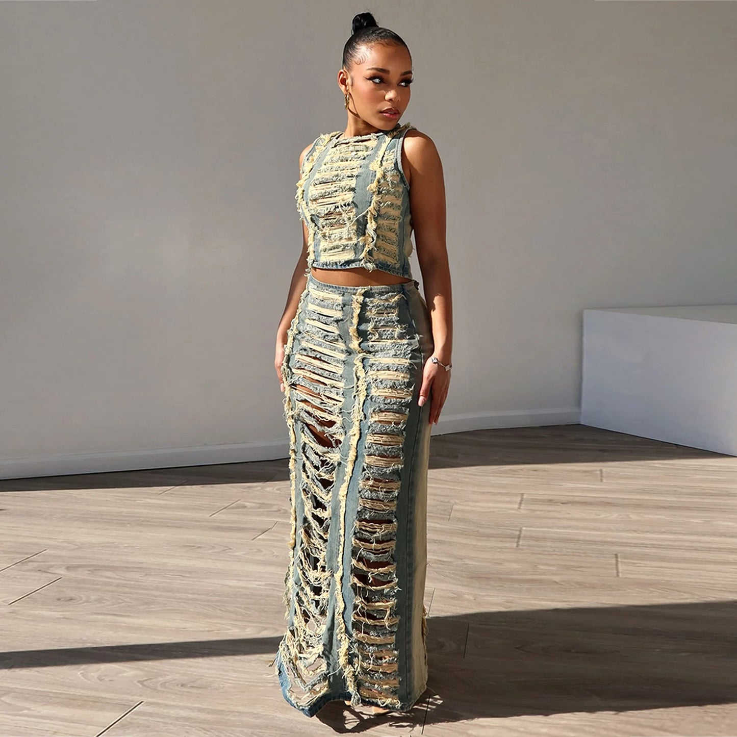 Women's Denim Two-Piece Set – High Slit Skirt & Vest
