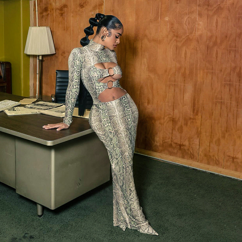 Women’s Snake Print Cutout Maxi Dress – Slim Fit Bodycon Long Sleeve Ring Detail Party Dress