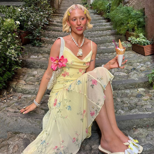 Floral Mesh Maxi Dress - Cowl Neck Cami Dress