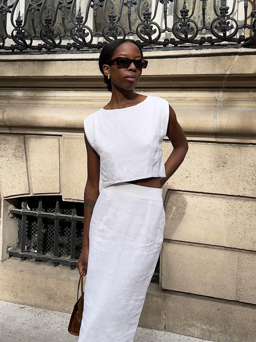Elegant Sleeveless Two-Piece Skirt Set – High-Rise Maxi Skirt & Crew Neck Vest Top