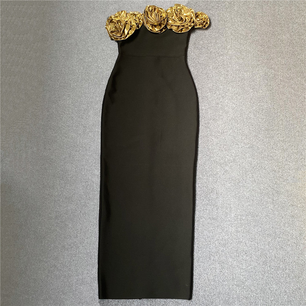 Golden Bloom One-Shoulder Midi Dress