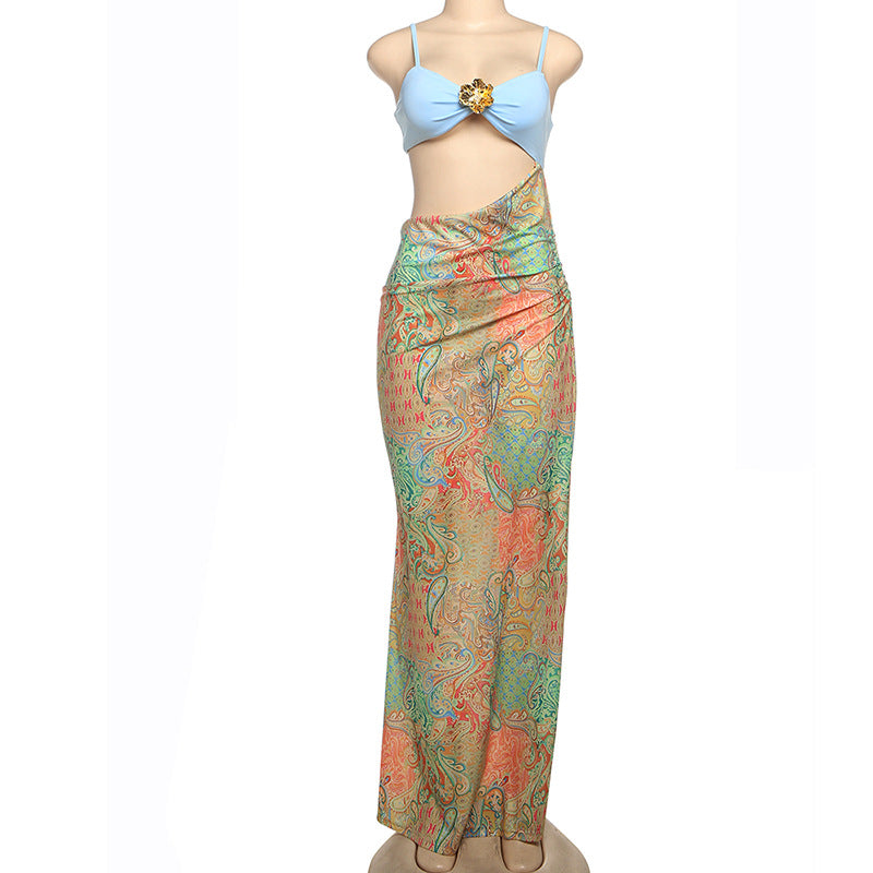 Spring Sexy Printed Cutout Maxi Dress