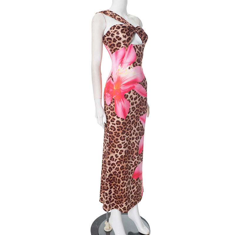 Sexy Leopard Print One-Shoulder Maxi Dress – Asymmetric Cutout Bodycon Gown