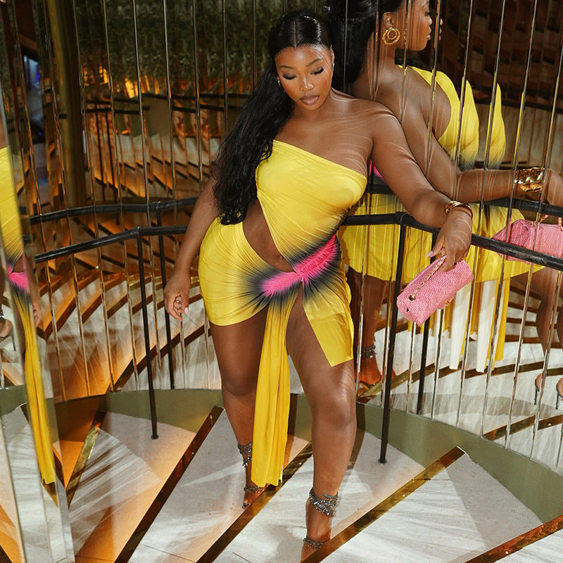 Yellow One Shoulder Bodycon Mini Dress - Ruched Cutout Backless Party Dress
