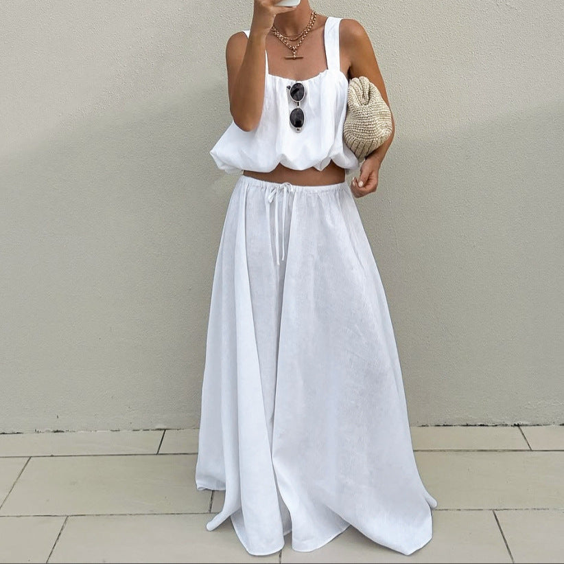 Cotton Square Neck Crop Vest & Maxi Skirt Two-Piece Set | Sleeveless Elegant Summer Set | White | Sizes S-L
