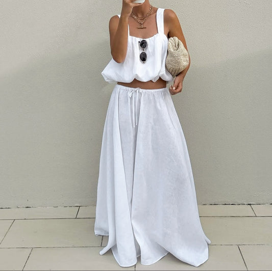Cotton Square Neck Crop Vest & Maxi Skirt Two-Piece Set | Sleeveless Elegant Summer Set | White | Sizes S-L