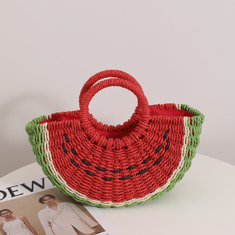 Fresh Candy Colored Watermelon Woven Bag – Portable Straw Beach Bag for Vacation