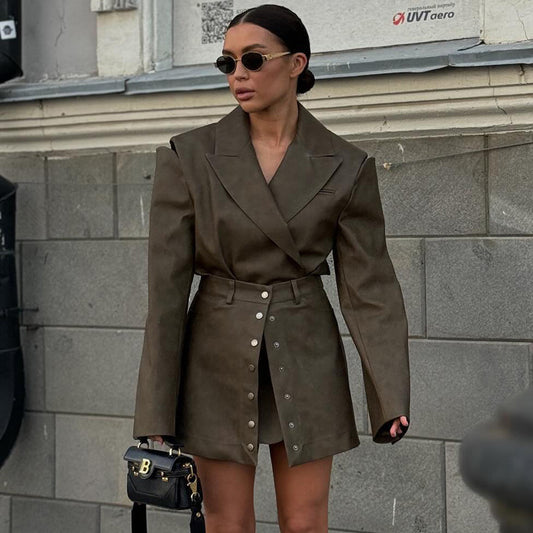 Retro Cutout Faux Leather Two-Piece Suit