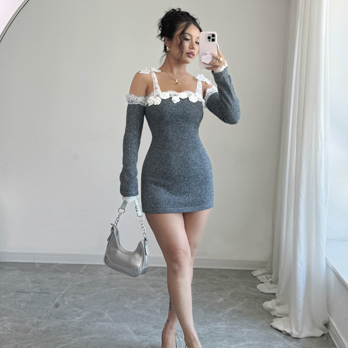 Gray Lace & Crochet Off-Shoulder Dress: Knitted Wool Mini/Midi with Sleeves
