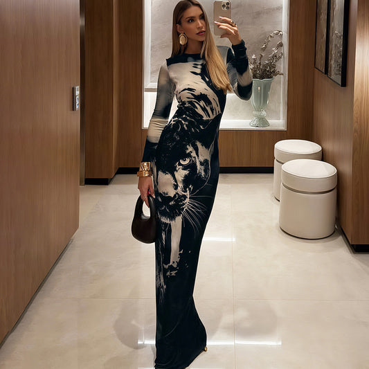 Elegant Printed Long-Sleeve Maxi Dress