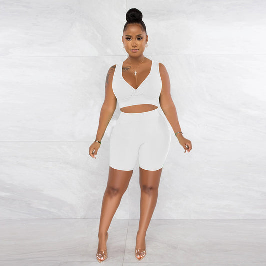 Women Clothing Solid Color V neck Sleeveless Sports Two Piece Set