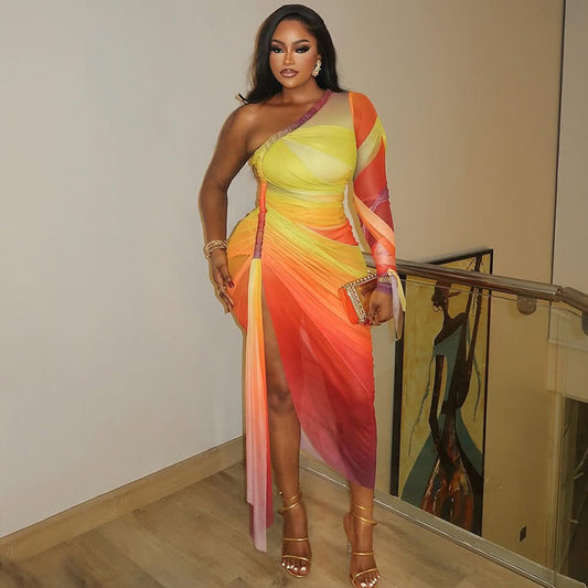 Women’s Asymmetrical Ombre One-Shoulder Maxi Dress – Ruched Bodycon with Slit and Lace Detail