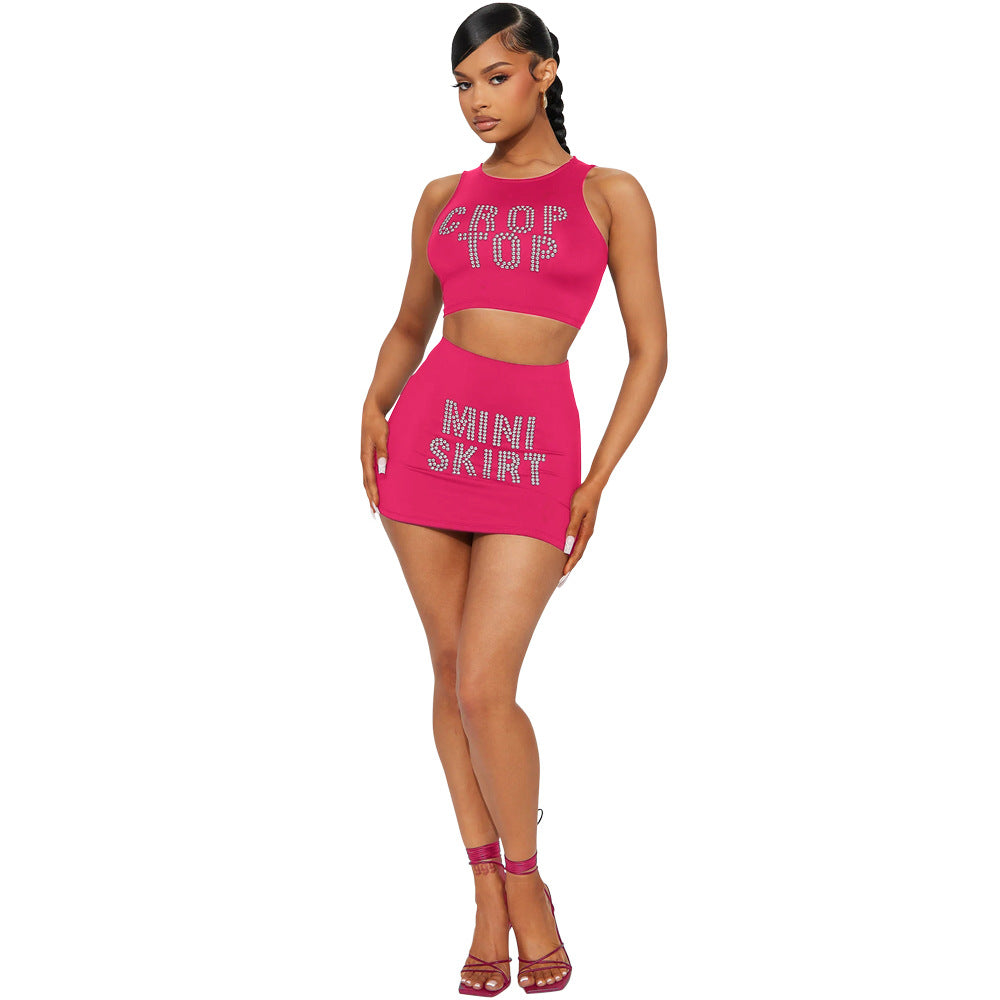 Women’s Sleeveless Crop Top & Mini Skirt Set – Graphic Rhinestone Summer Two-Piece Outfit