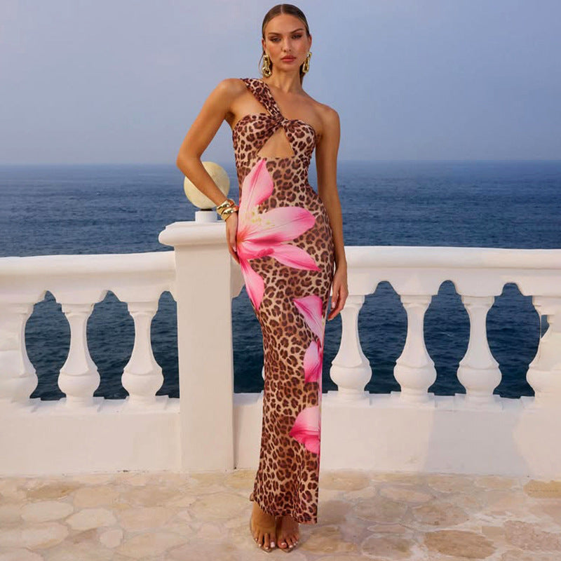 Sexy Leopard Print One-Shoulder Maxi Dress – Asymmetric Cutout Bodycon Gown