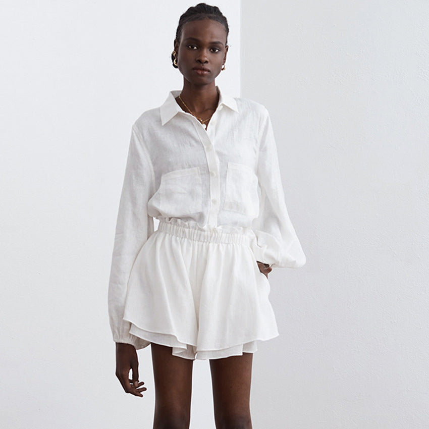 White Cotton Linen Ruffled Shorts Two-Piece Suit: Casual Summer Fashion with Long Sleeve Blouse