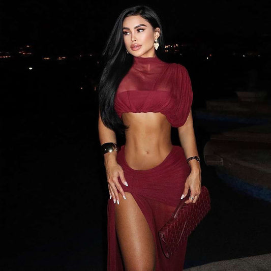 Women's Mesh Crop Top & Split Maxi Skirt Set