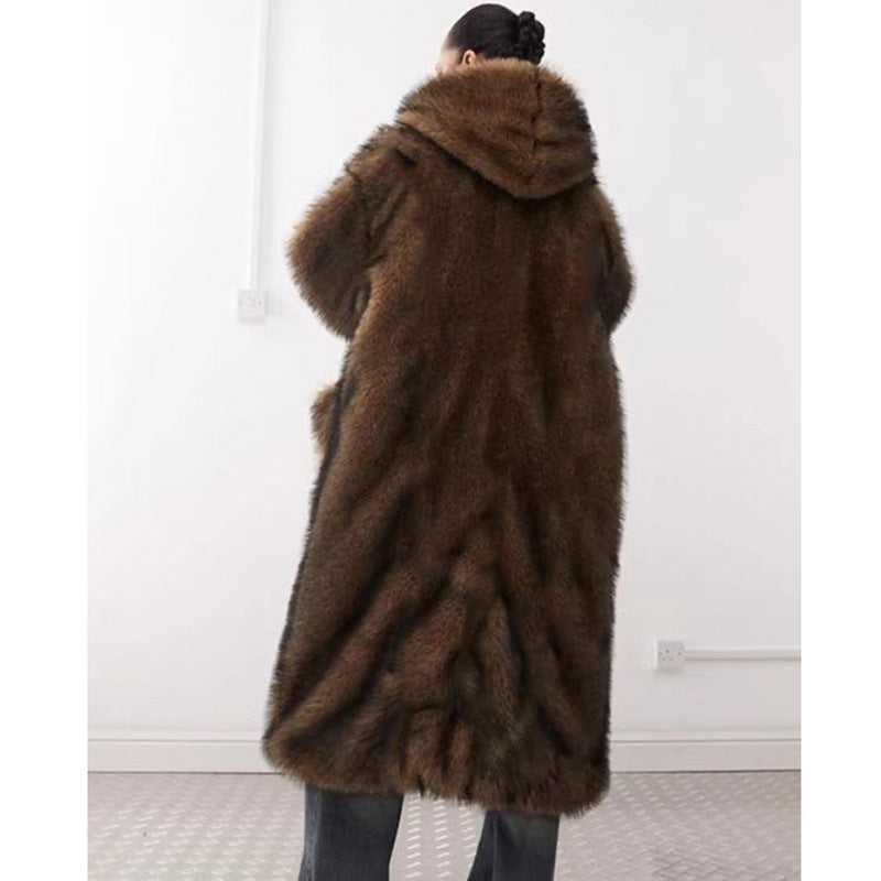Dark Brown Faux Fur Hooded Trench Coat