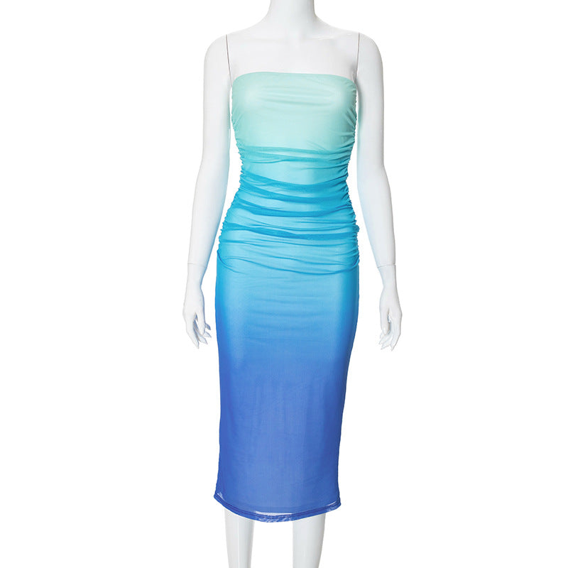 Shermaid's Elegant Lady Tube Top Gradient Color Fold Split Dress