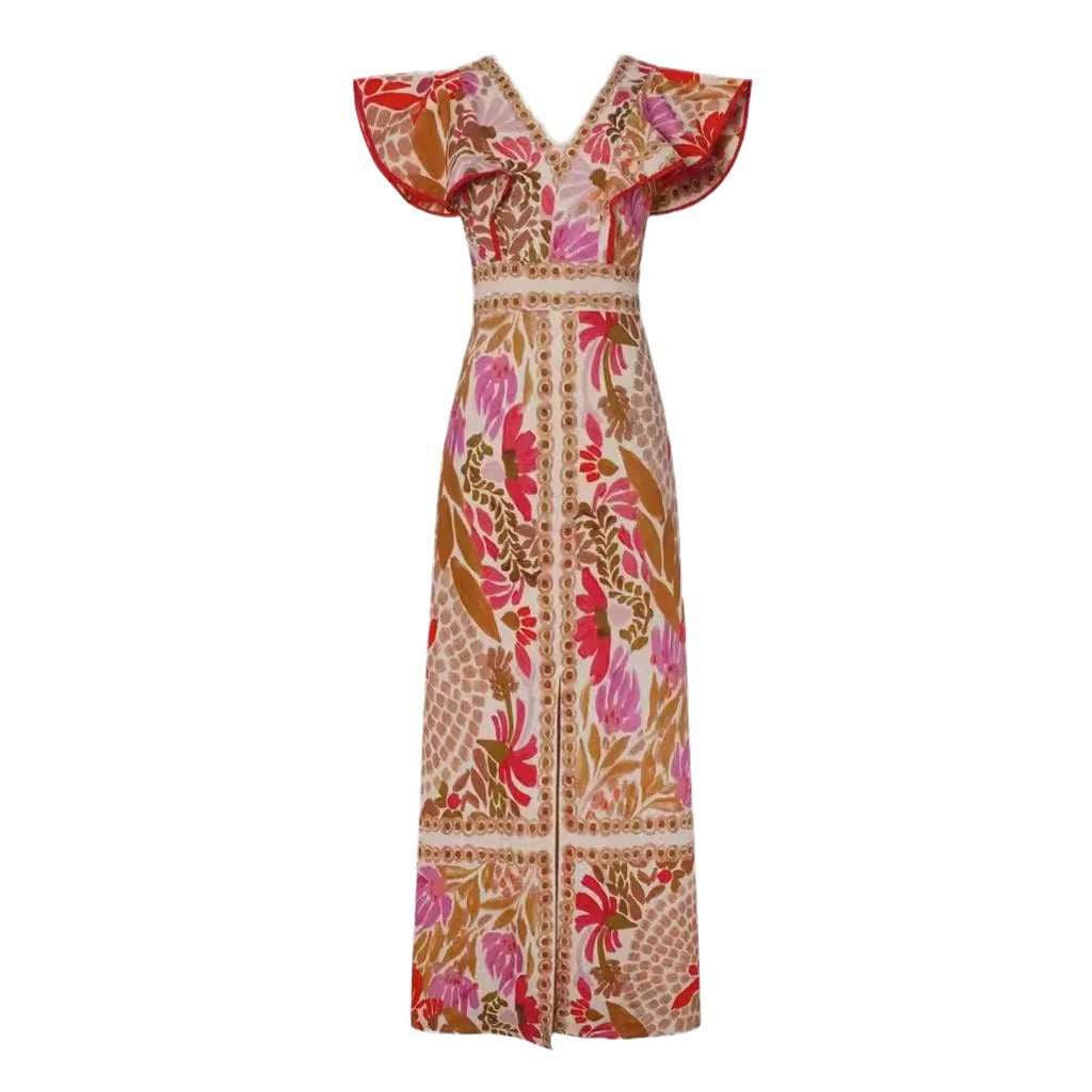 Floral Backless V-Neck Dress with Flounce Detail