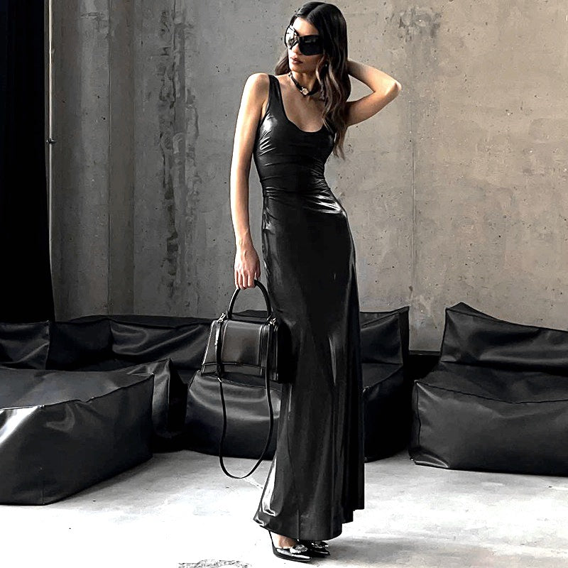 Sexy Faux Leather Split Maxi Dress