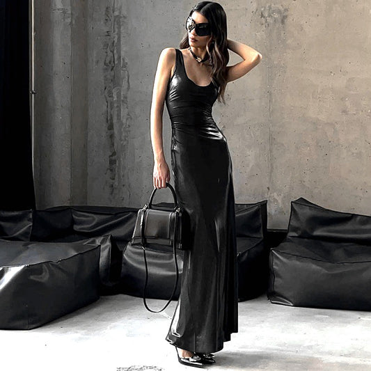 Sexy Faux Leather Split Maxi Dress