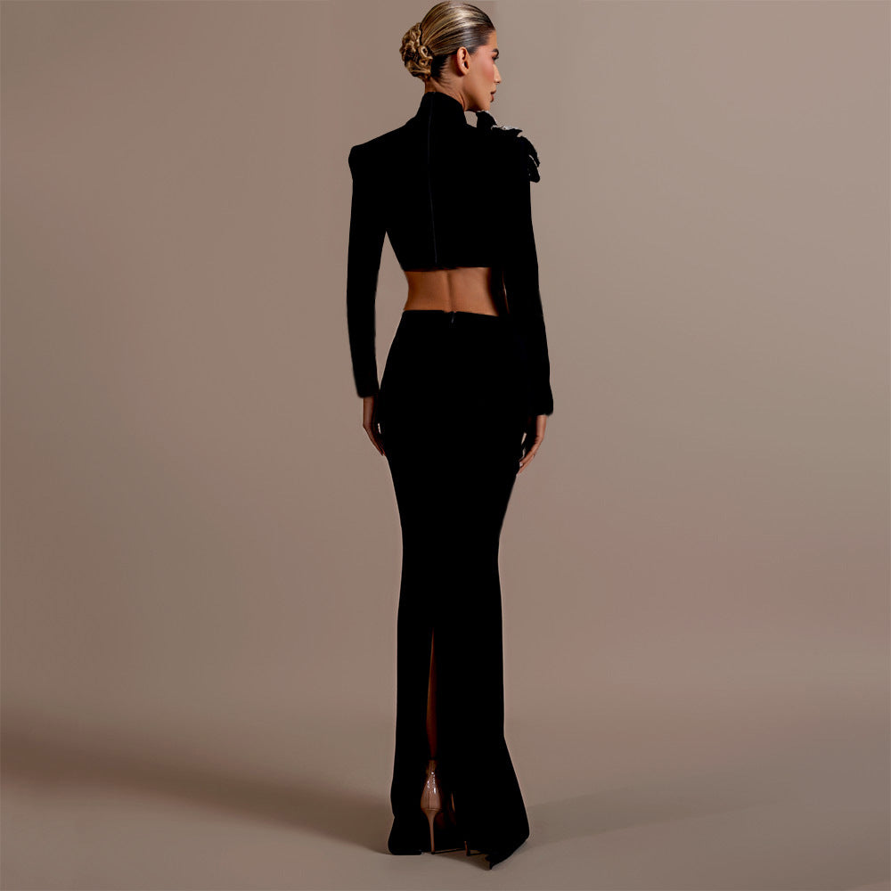 Luxury Black Half-Turtleneck Long Sleeve Bandage Skirt Set - Two Piece Bodycon