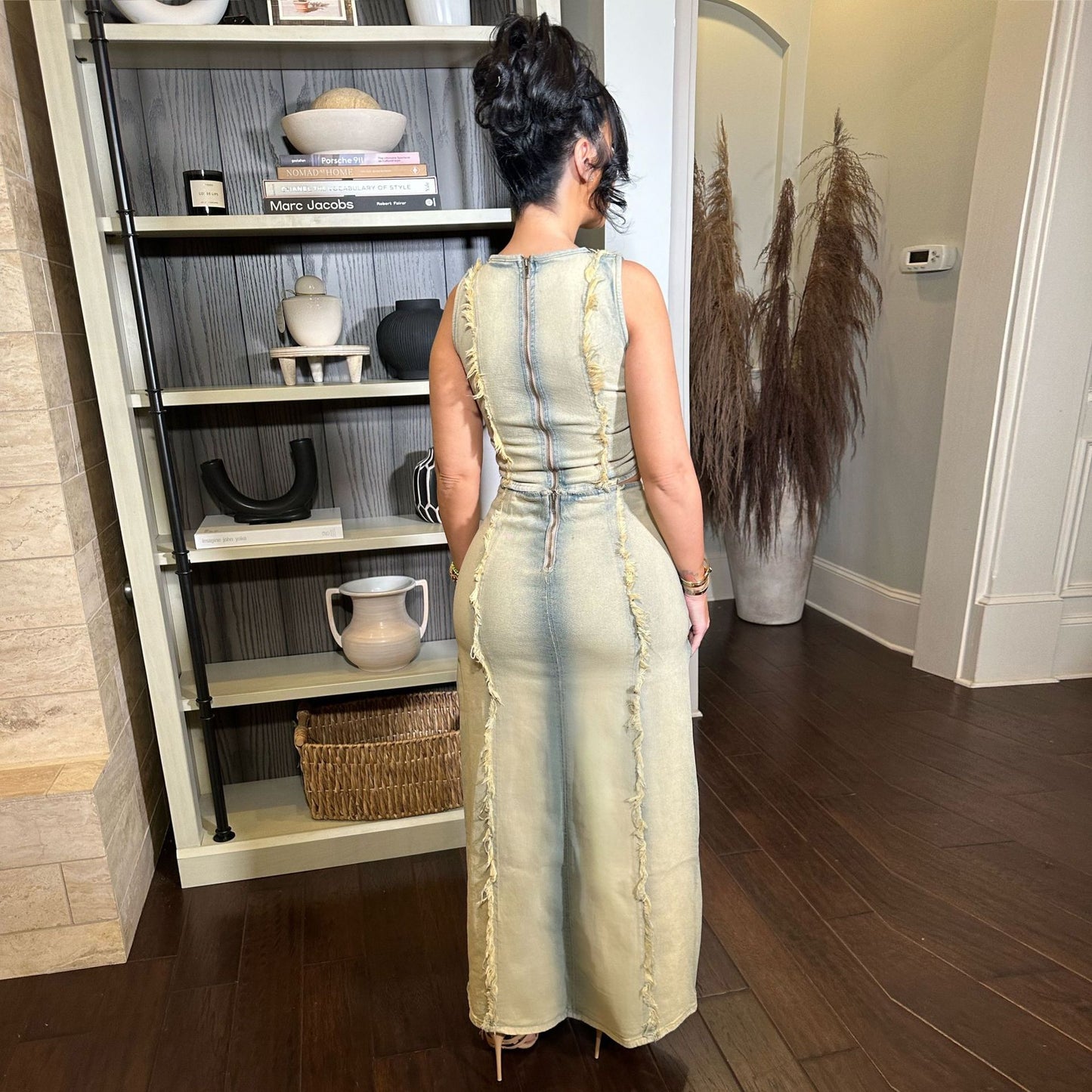 Women's Denim Two-Piece Set – High Slit Skirt & Vest