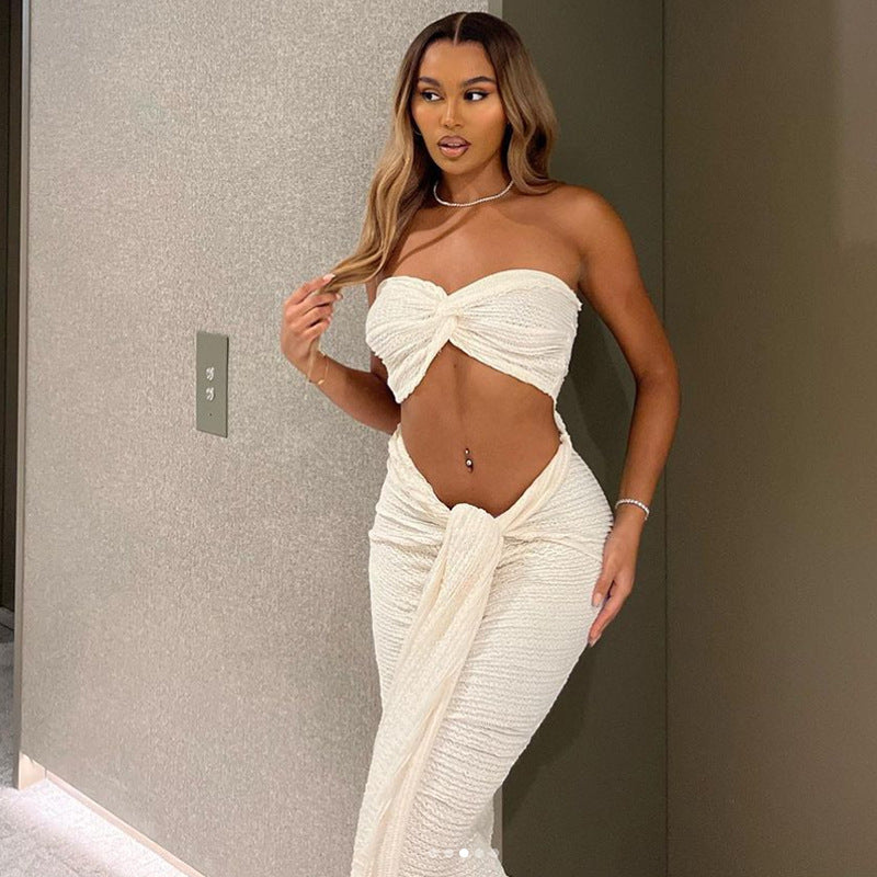 White Sexy Lace Strapless Crop Top & High Waist Maxi Skirt Set