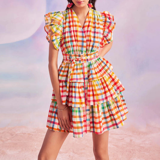 French Retro Flying Sleeves Plaid Color Short High Waist Dress