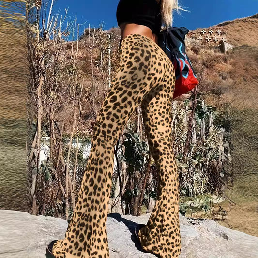 Leopard Print Bell Bottom Pants for Women: High-Waist Skinny Fit Flares