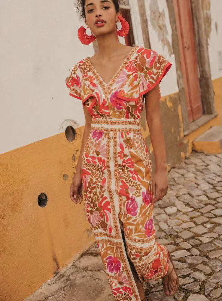 Floral Backless V-Neck Dress with Flounce Detail
