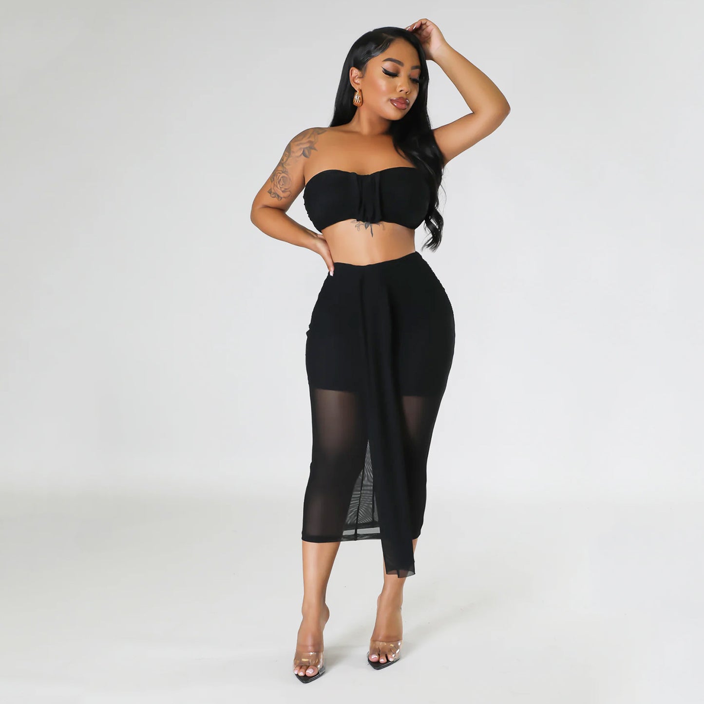Diana's Sexy Mesh See Through Wrapped Chest Skirt Two Piece Set