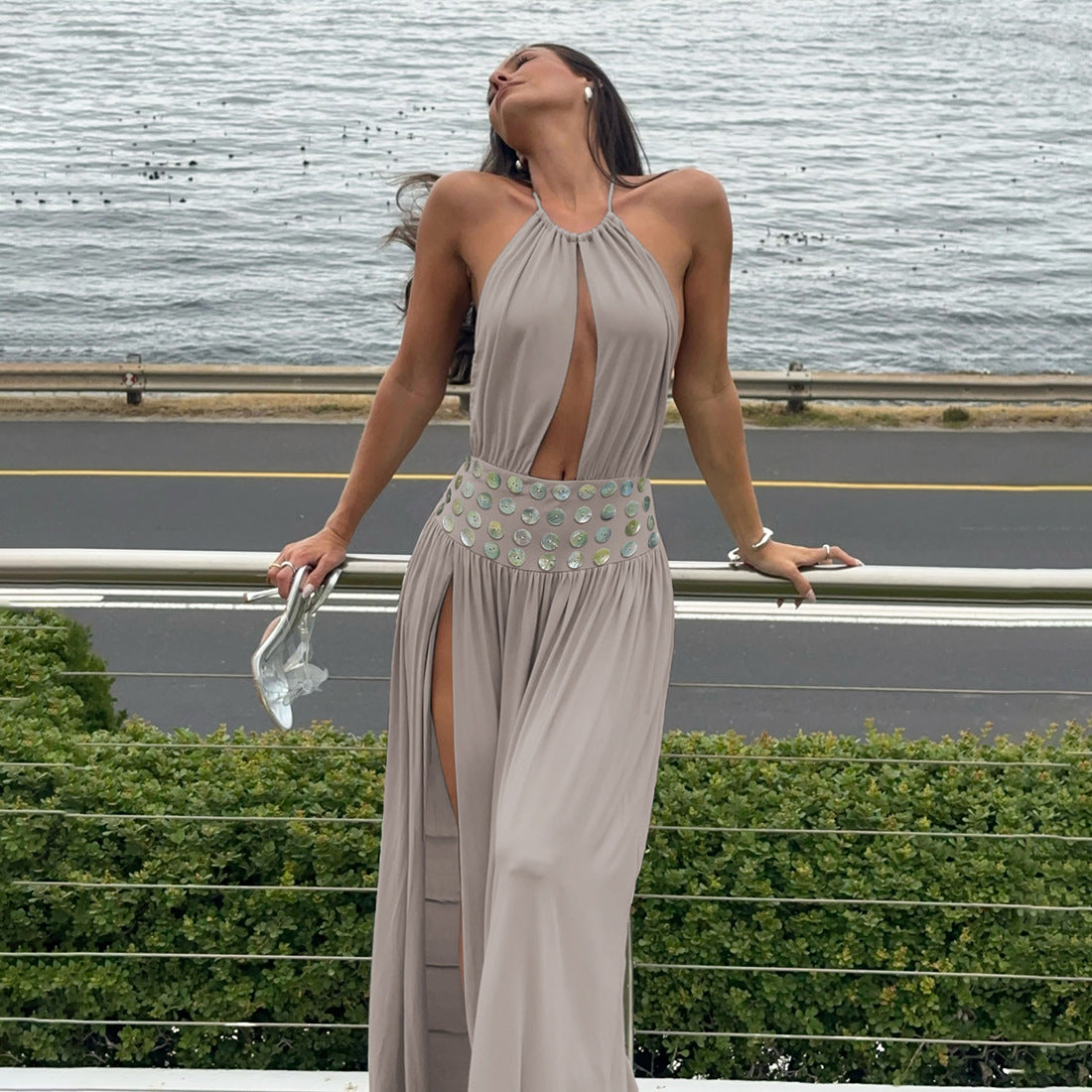 Deep V Halter Maxi Dress - Sequin Backless Cutout Ruched Split Vacation Dress