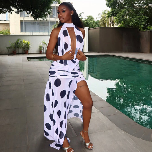 Women’s Polka Dot Backless Maxi Dress – Sleeveless Bodycon Split Dress with Ruched Tie Detail