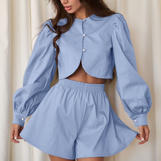 Blue Ruched Cardigan & Shorts Set